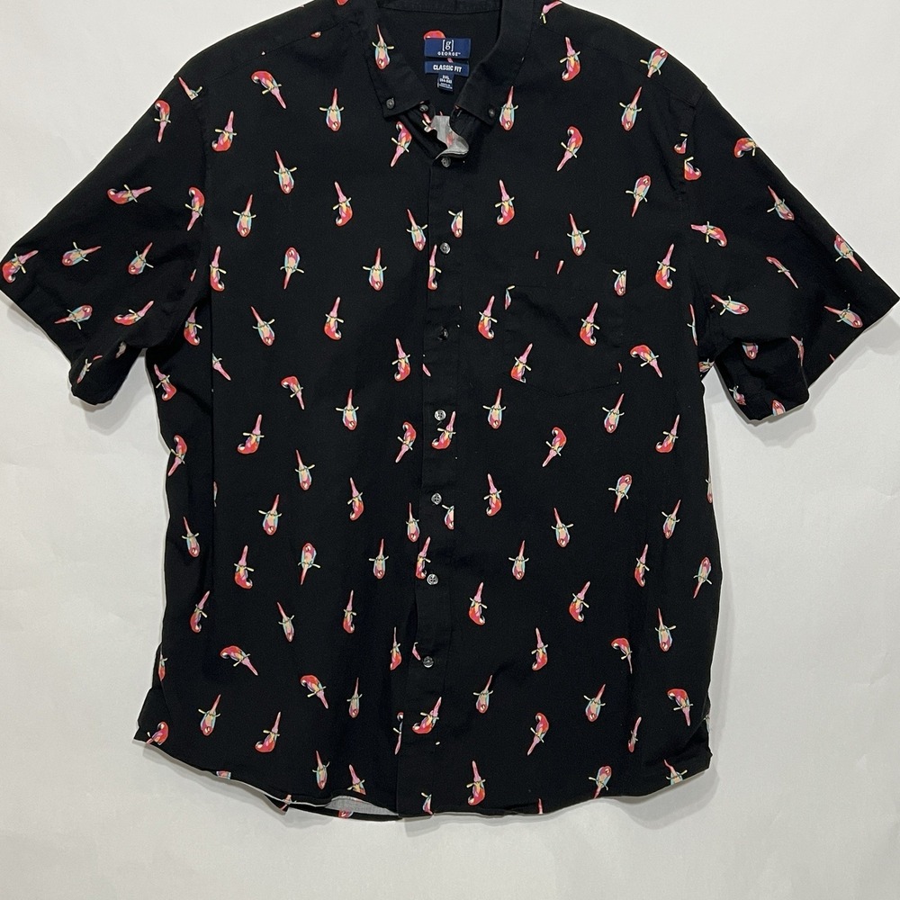 George Short Sleeve Button Collar Tropical Resort Parrot Black Shirt Men‎ 3XL